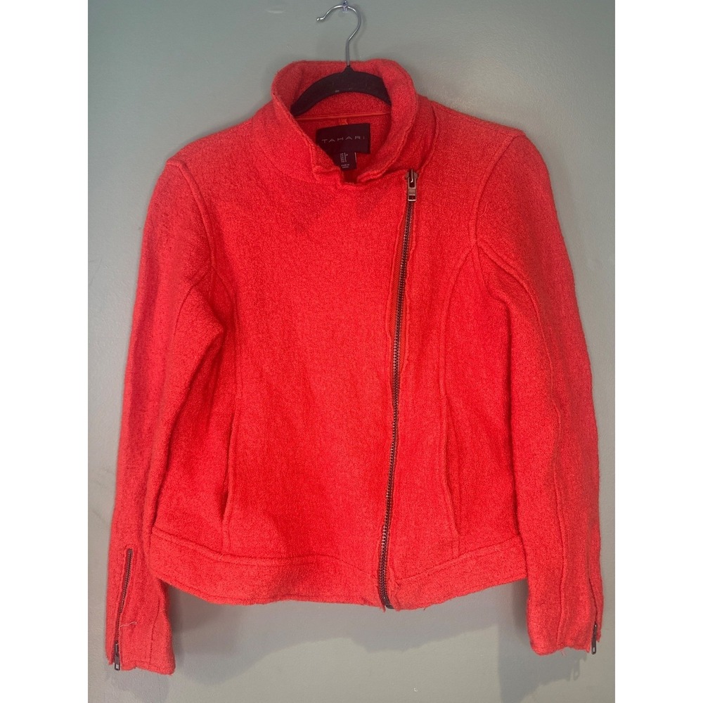 Tahari Wool Blend Moto Jacket Womens S Orange Asymmetrical Zip Career Fall